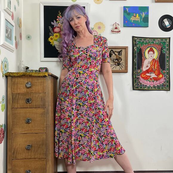 Vintage Dresses & Skirts - Vintage Floral Secretary Dress, 1990s Rayon Crepe Day Dress Sz M Liz Claiborne